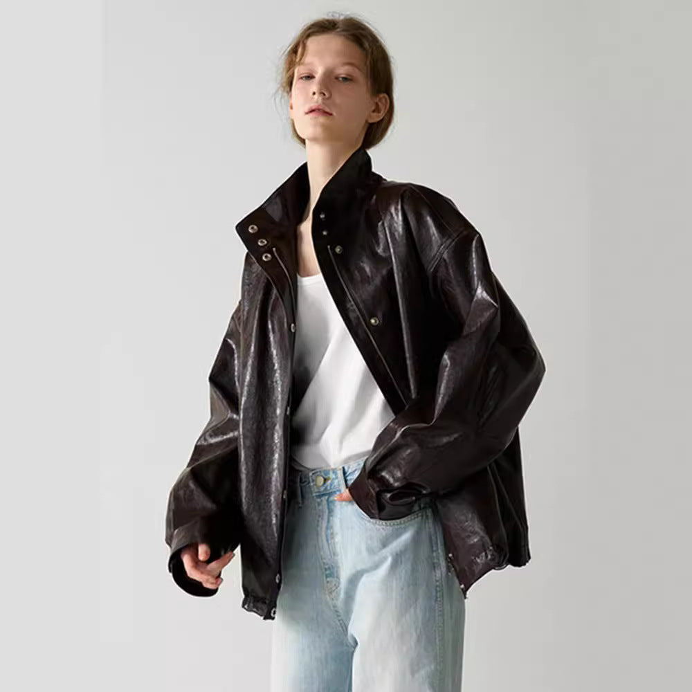 Damen Lederjacke Oversized mit Kragen und Knopfverschluss Schwarz - Eveloria
