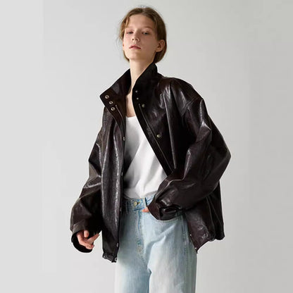 Damen Lederjacke Oversized mit Kragen und Knopfverschluss Schwarz - Eveloria