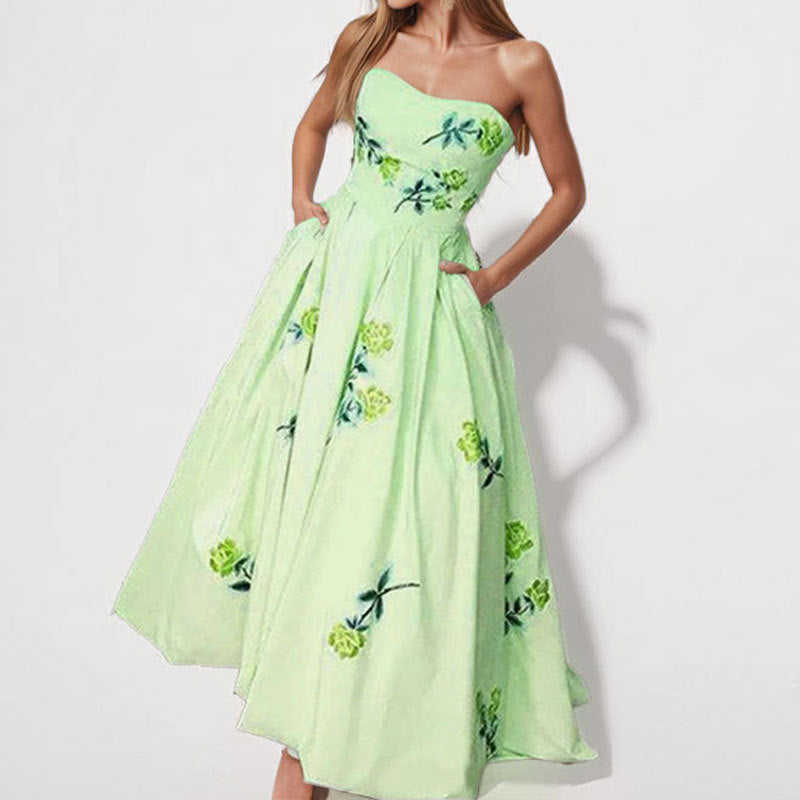 Damen Strapless Maxikleid Floralmuster Seitentaschen Eveloria