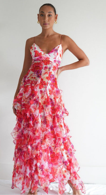 Damen Langarmkleid Floralmuster Rüschendetails Eveloria