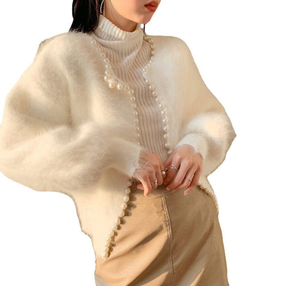 Damen Strickjacke Flauschig Perlenbesatz Modischer Schnitt Eveloria
