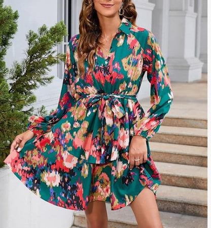 Damen Blusenkleid Floralmuster Mit Bindegürtel Eveloria