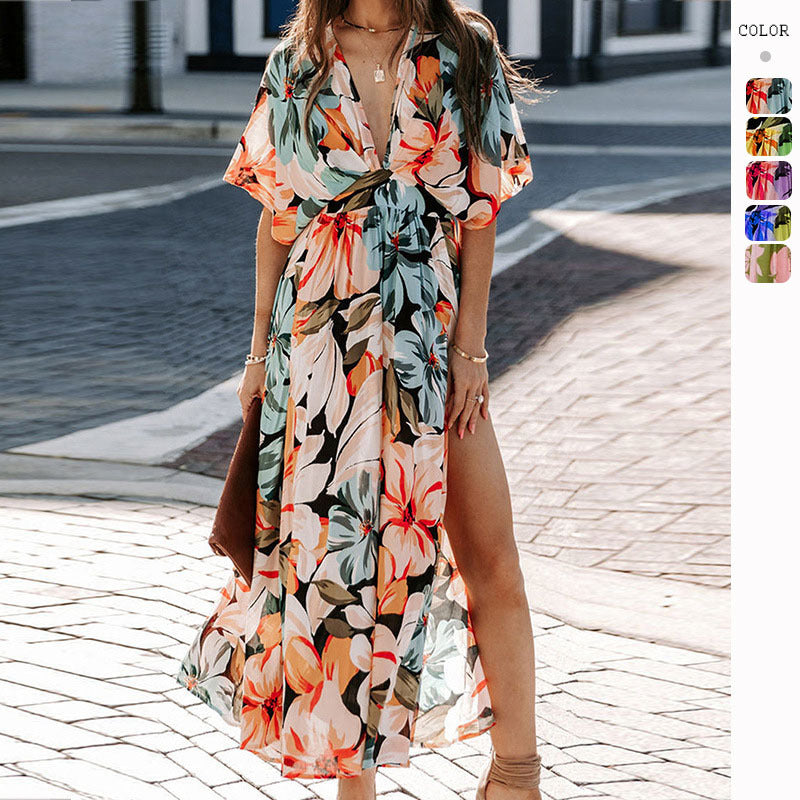 Damen Maxi-Kleid V-Ausschnitt Seitenschlitz Eveloria - Eveloria