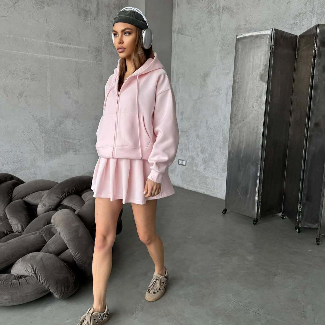 Damen Hoodie Rock-Set Elastischer Bund Verdeckter Reißverschluss Grau