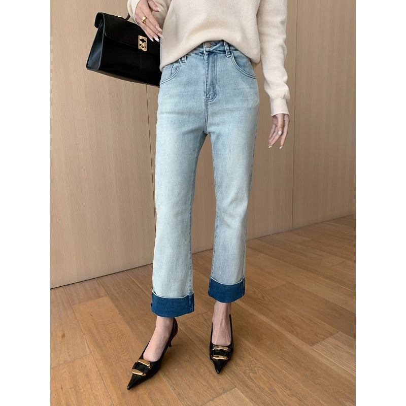 Damen High-Waist Jeans Vintage-Look Umgeschlagener Saum Dunkelblau - Eveloria