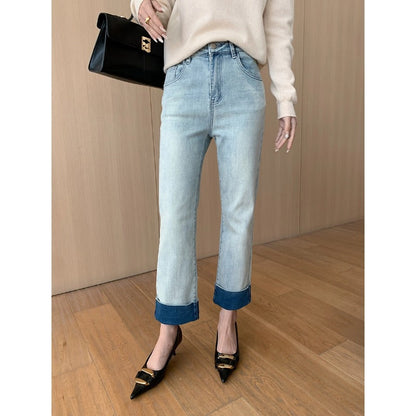 Damen High-Waist Jeans Vintage-Look Umgeschlagener Saum Dunkelblau - Eveloria