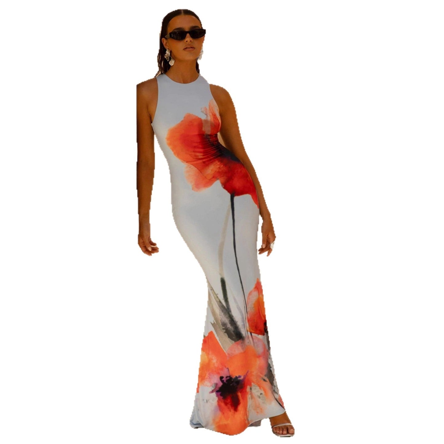 Damen Maxikleid Floraler Druck Figurbetont