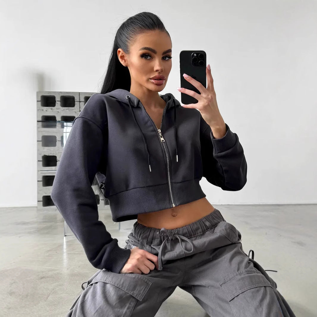 Damen Cropped Hoodie Sportlich mit Kängurutasche und weiten Ärmeln