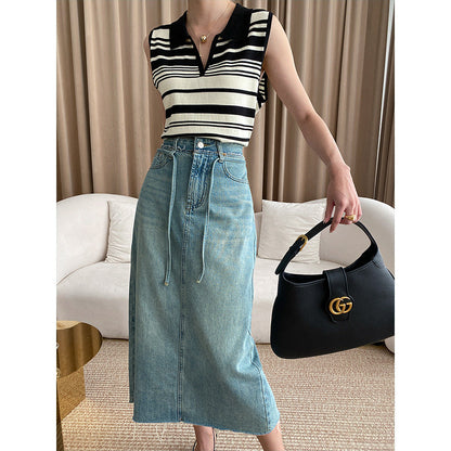 Damen Midi Jeansrock Verstellbares Taillenband Eingrifftaschen