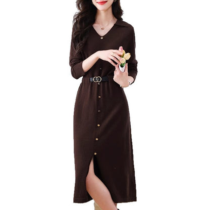Damen Midi-Kleid Knöpfe Tailliert Eveloria