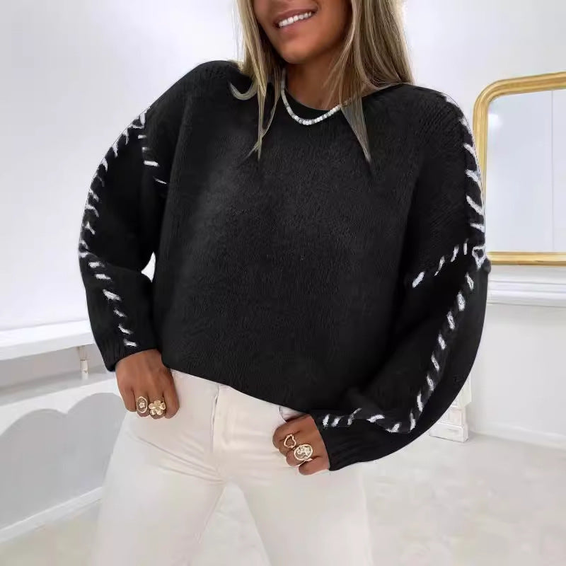 Damen Strickpullover Dekorative Ziernähte Eveloria