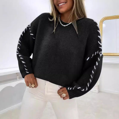Damen Strickpullover Dekorative Ziernähte Eveloria