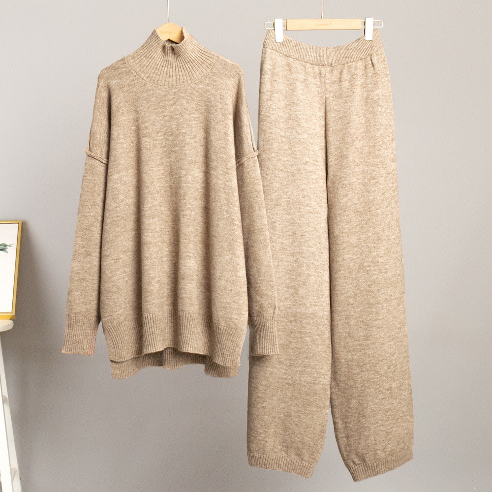 Damen Strickensemble Hochkragen Weitschnitt Beige Eveloria