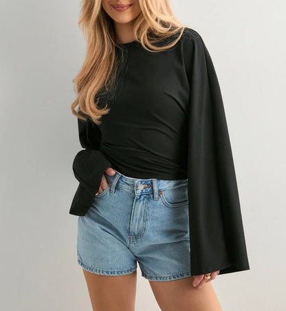 Damen Cropped Langarmshirt Weit Ärmel Eveloria