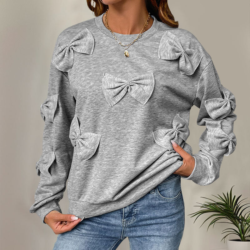 Damen Sweatshirt Lässiger Schnitt Verspielte Schleifen Details Grau