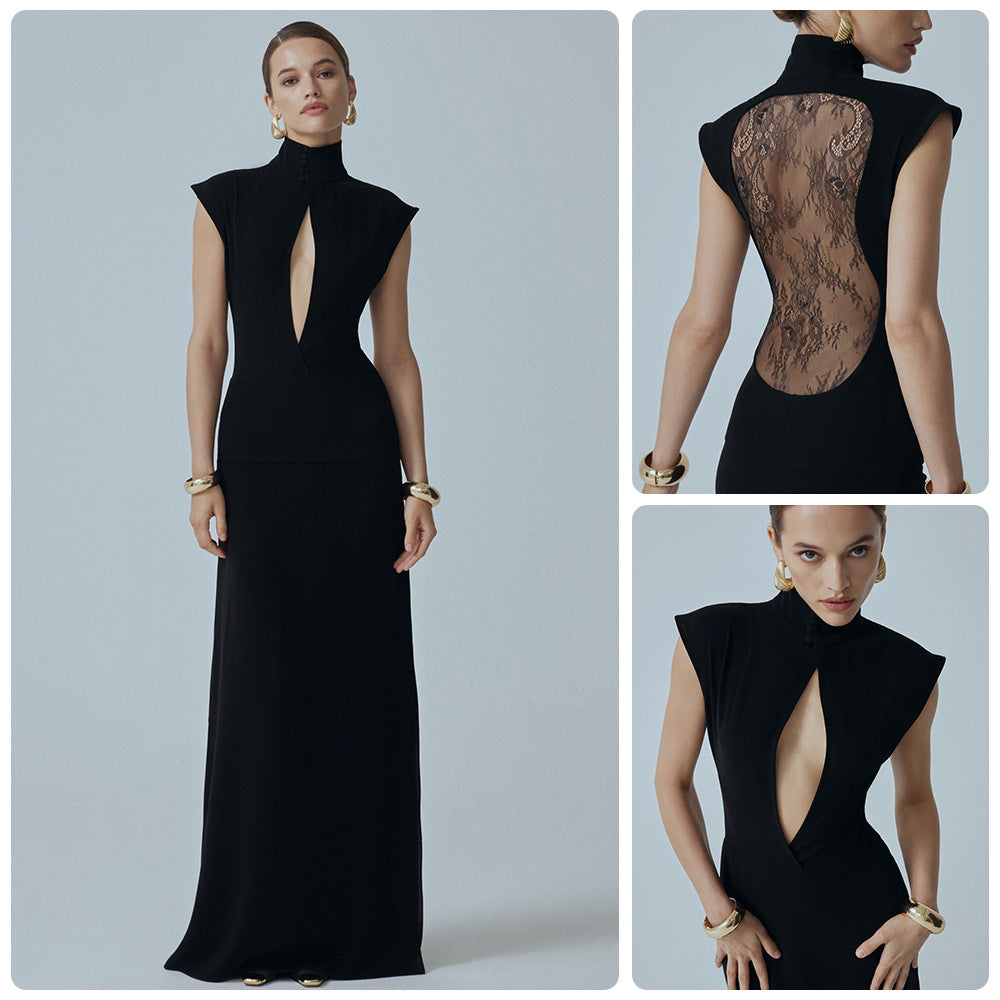 Damen Minikleid Spitzenbesatz Glitzer Ärmel Schwarz - Eveloria