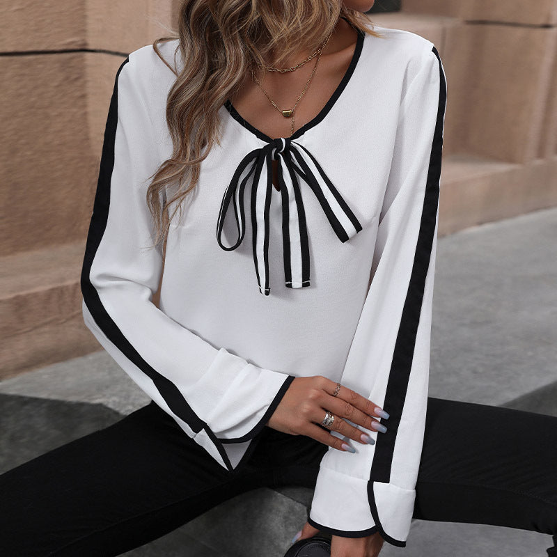 Damen Bluse mit Bindegürtel Gestreifte Ärmel Eveloria