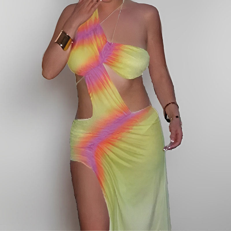 Damen Strandkleid Asymmetrisch Batik-Design Farbenfroh