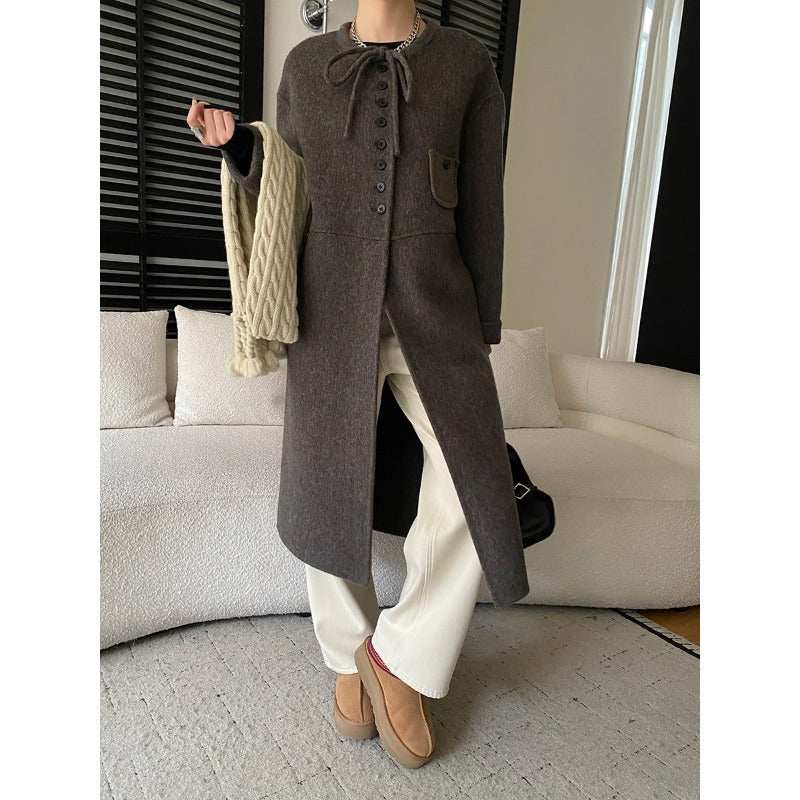 Damen Wolljacke Lang Knopf- und Kordelzugdetails Braun