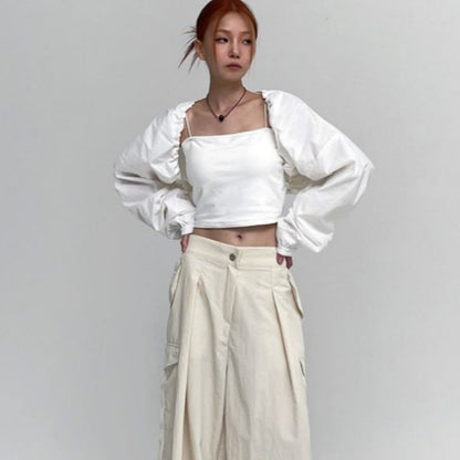 Damen Cropped Langarmbluse Rüschen Bluse Eveloria
