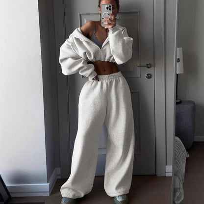 Damen Sweatshirt Set Cropped mit weiter Jogginghose Grau