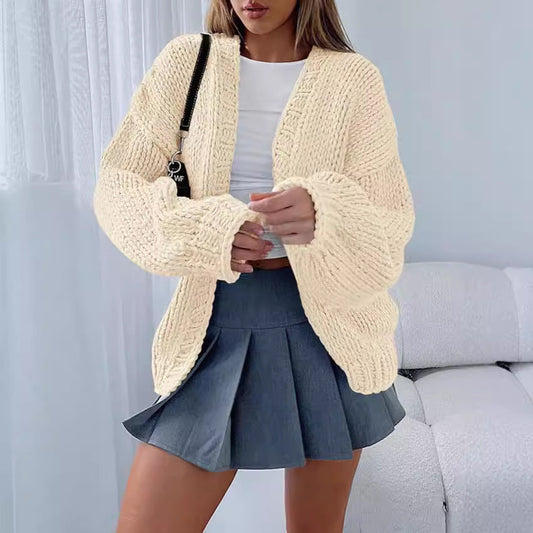 Damen Cardigan Weich Strick Voluminöse Ärmel Offene Front Beige - Eveloria