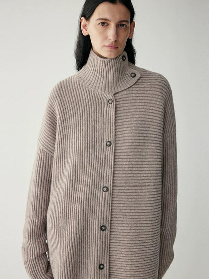 Damen Grobstrickcardigan Hochkragen Knopfleiste Beige