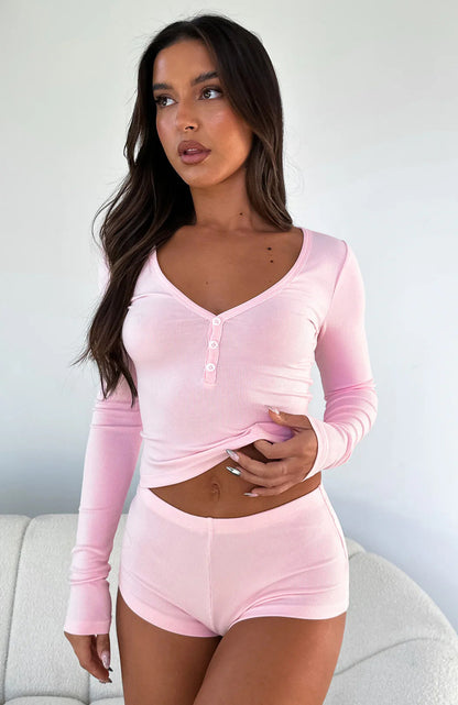 Damen Loungewear Set Langarmoberteil und Shorts
