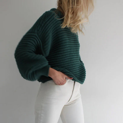 Damen Strickpullover Hohler Kragen Breite Rippbündchen Beige