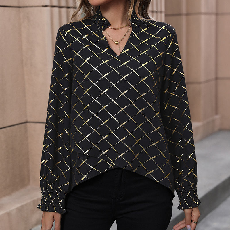Damen Bluse Rautenmuster Hochkragen Elegantes Design