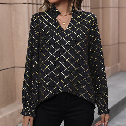 Damen Bluse Rautenmuster Hochkragen Elegantes Design