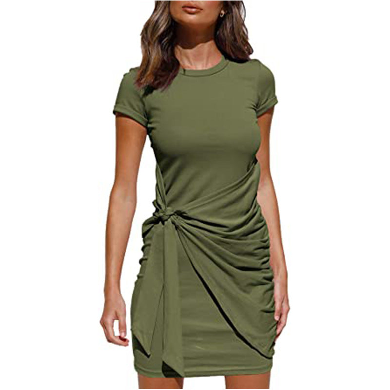 Damen Wickelkleid Kurzarm Raffung Knoten Detail Eveloria