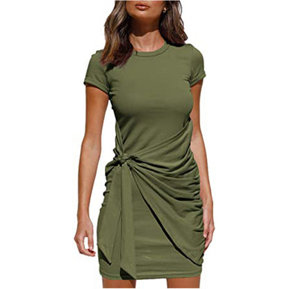 Damen Wickelkleid Kurzarm Raffung Knoten Detail Eveloria