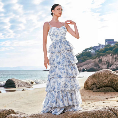 Damen Maxikleid Boho-Stil Floralmuster Herz-Ausschnitt