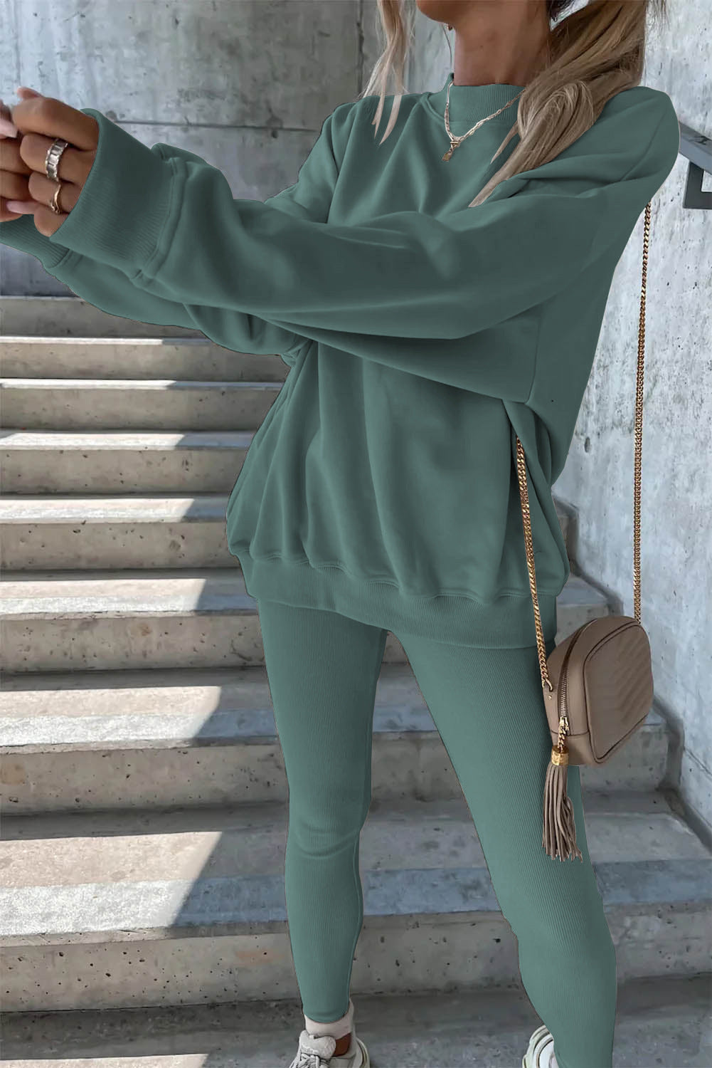 Damen Oversized Sweatshirt Set mit Leggings Grau Eveloria