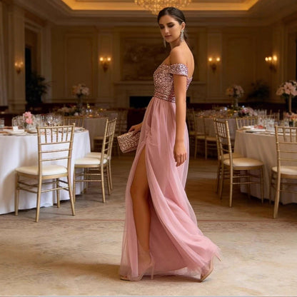 Damen Abendkleid Schulterfrei Glitzerapplikationen Eveloria