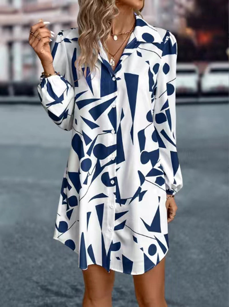 Damen Blusenkleid Geometrisches Muster Knöpfe Eveloria