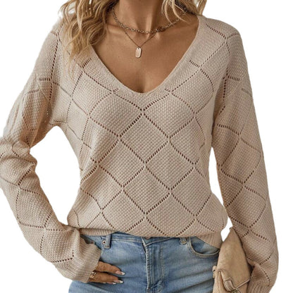 Damen Strickpullover V-Ausschnitt Rautenmuster Eveloria