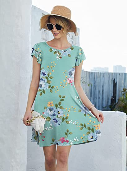 Damen Blumenkleid Sommer Rüschendetails schwingender Rock Eveloria