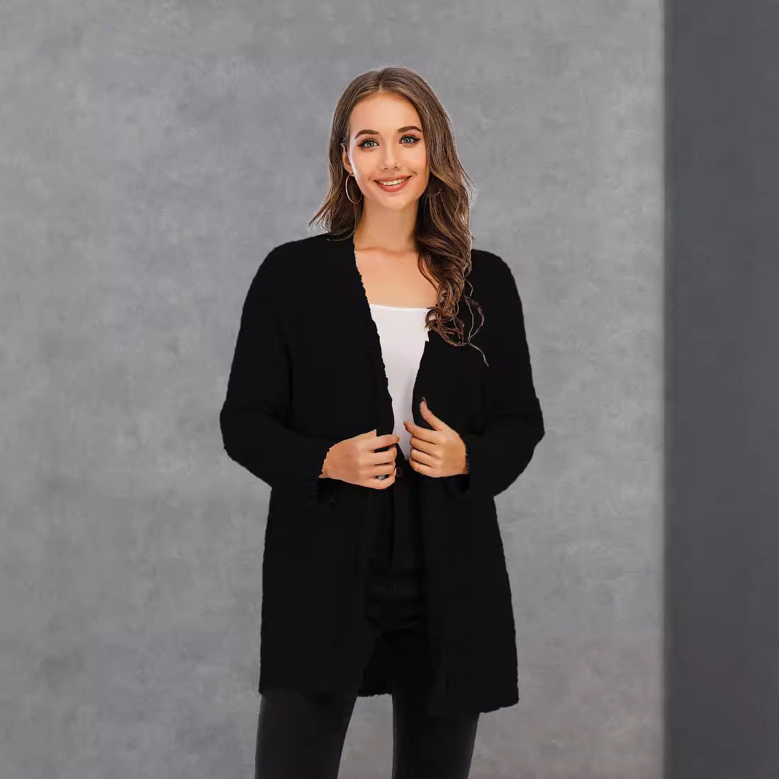 Damen Strickjacke Offener Schnitt Große Taschen Kuschelig Beige