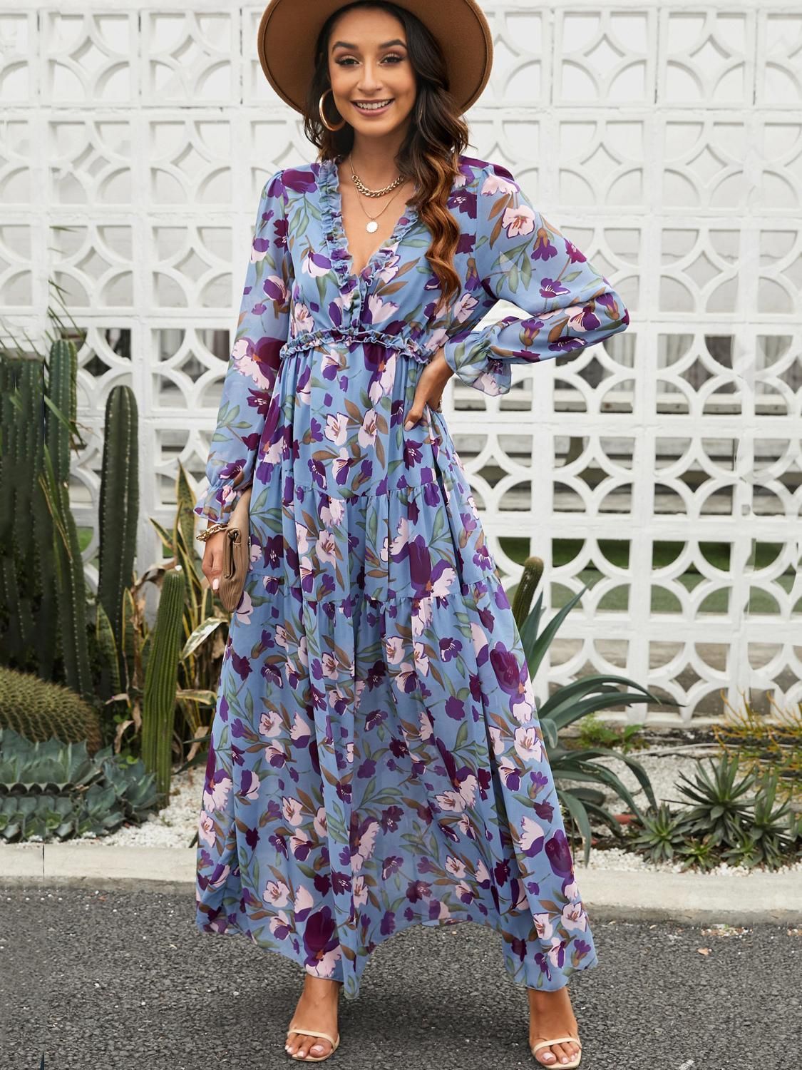 Damen Maxikleid Floraler Druck V-Ausschnitt Eveloria