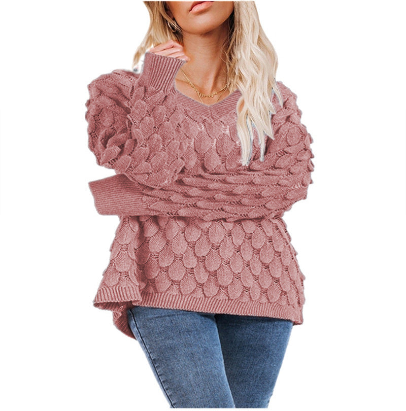 Damen Grobstrickpullover V-Ausschnitt Wellenmuster Eveloria
