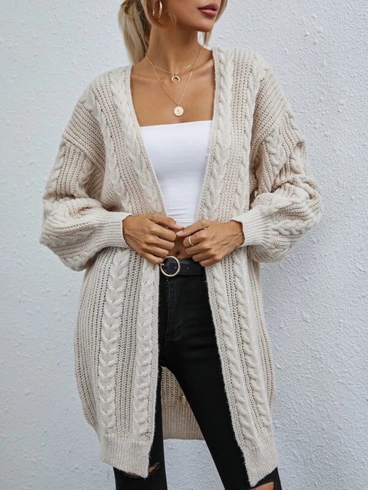 Damen Grobstrick-Cardigan Lässig Zopfmuster Beige