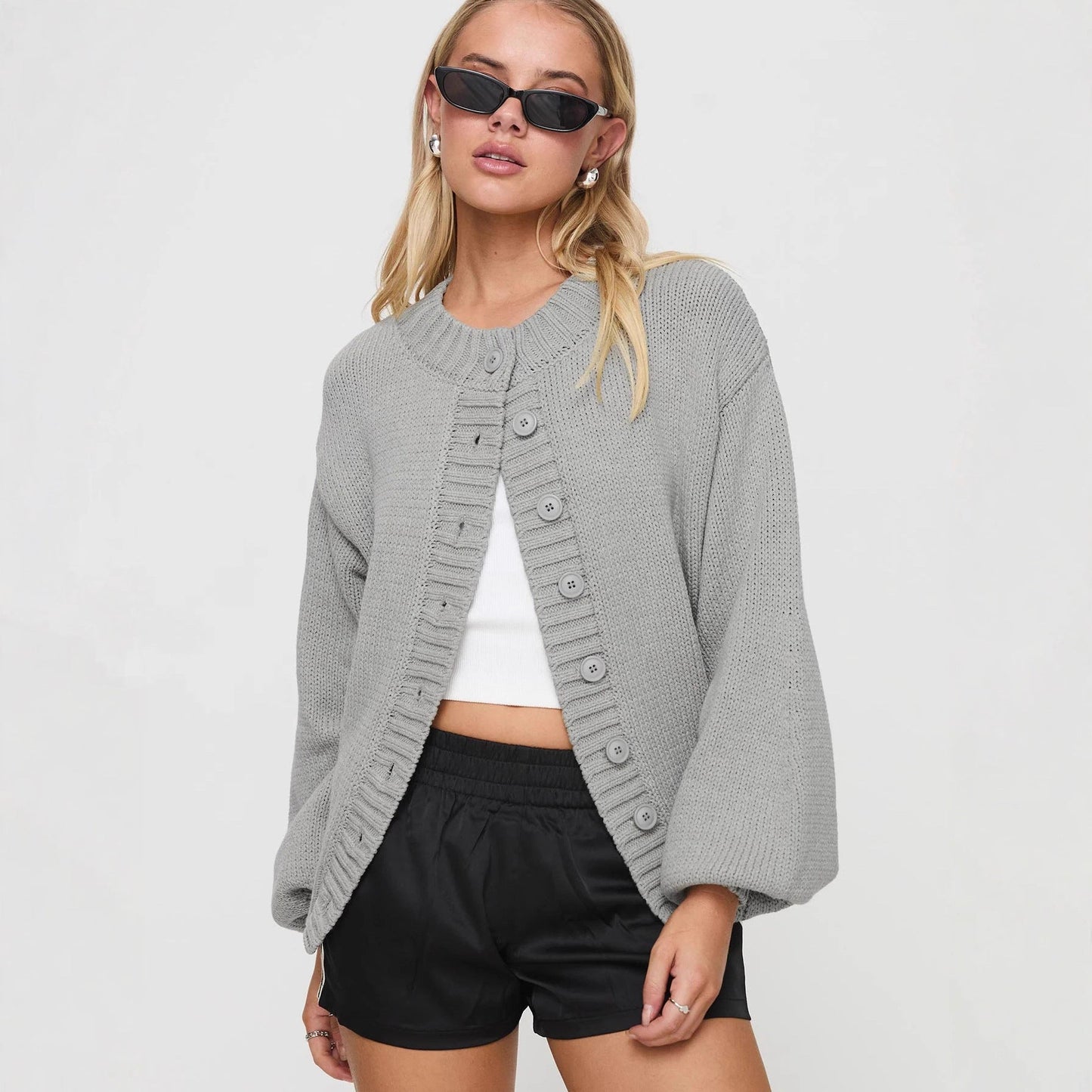 Damen Strickjacke Voluminöse Ärmel Dekorative Knöpfe Beige