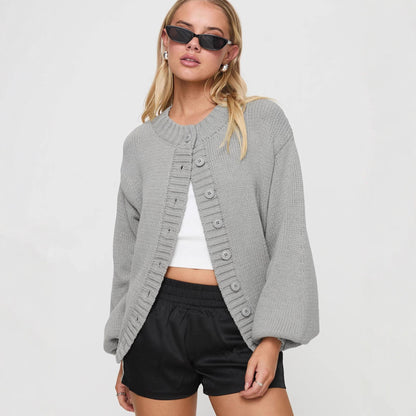 Damen Strickjacke Voluminöse Ärmel Dekorative Knöpfe Beige