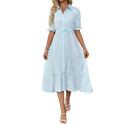 Damen Hemdblusenkleid Asymmetrischer Saum Puffärmel Eveloria