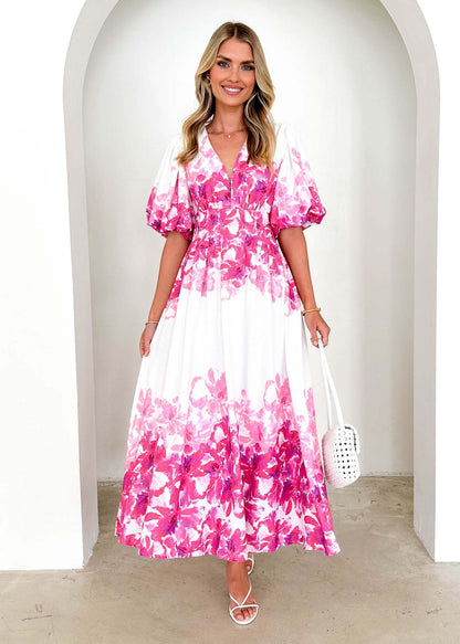 Damen Maxikleid Voluminöse Puffärmel Florales Design