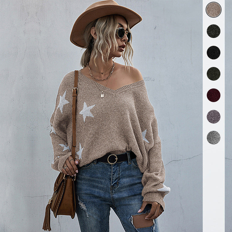 Damen Oversize Pullover Sternenmuster V-Ausschnitt - Eveloria
