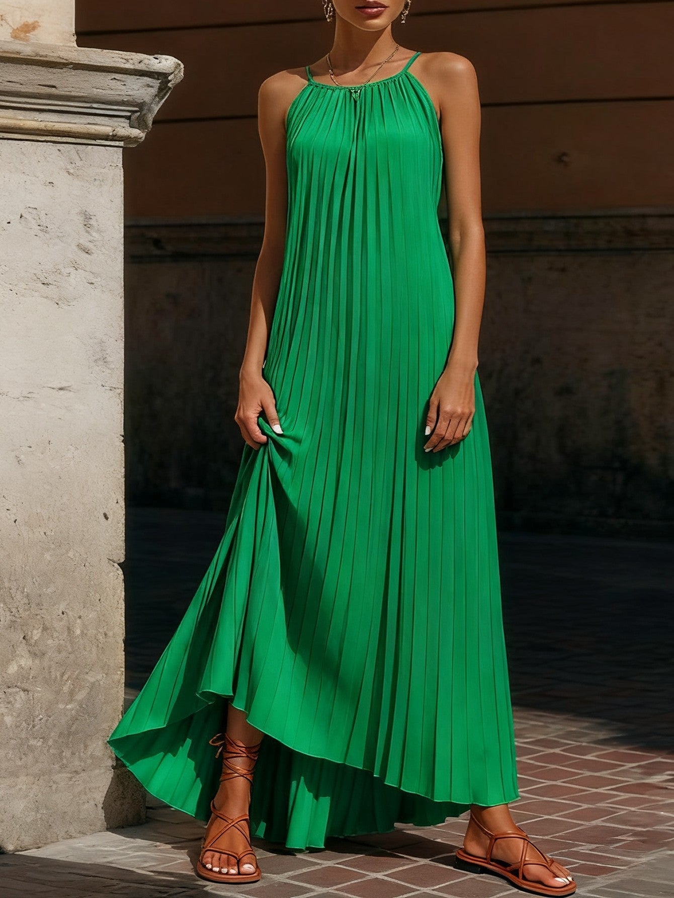 Damen Maxikleid Plissiert Verstellbare Träger Eveloria