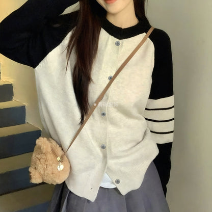 Damen Strickcardigan Bequem Knöpfe Sportstreifen Anthrazit